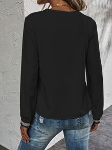 SHEIN LUNE Áo sơ mi nữ Tương phản ren Khối Màu Giải trí - màu đen - Xem 2