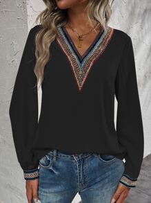 SHEIN LUNE Áo sơ mi nữ Tương phản ren Khối Màu Giải trí - màu đen - Xem 3