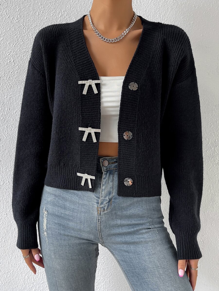 SHEIN Privé Rhinestone Bow Detail Drop Shoulder Cardigan - Black - View 1