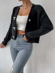 SHEIN Privé Rhinestone Bow Detail Drop Shoulder Cardigan - Black - View 4