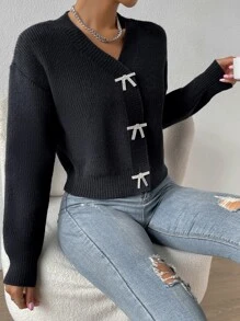 SHEIN Privé Rhinestone Bow Detail Drop Shoulder Cardigan - Black - View 5