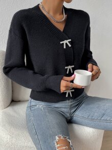 SHEIN Privé Rhinestone Bow Detail Drop Shoulder Cardigan - Black - View 6