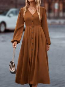 SHEIN LUNE V領前紐扣燈籠袖連衣裙 - 棕色 - 查看 1