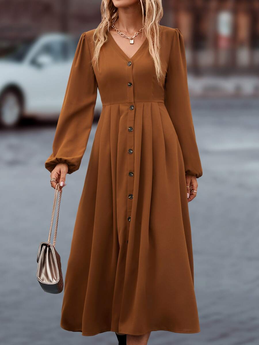 SHEIN LUNE V領前紐扣燈籠袖連衣裙 - 棕色 - 查看 1