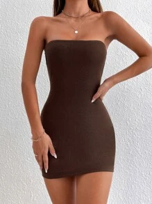 SHEIN PETITE Cut Out Back Tube Bodycon Dress - Coffee Brown - View 1
