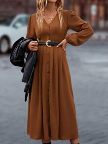 SHEIN LUNE V領前紐扣燈籠袖連衣裙 - 棕色 - 查看 4