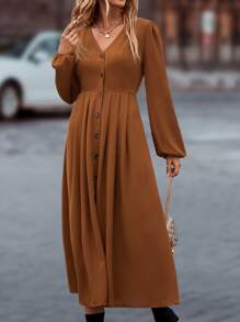 SHEIN LUNE V領前紐扣燈籠袖連衣裙 - 棕色 - 查看 5