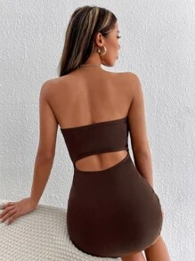 SHEIN PETITE Cut Out Back Tube Bodycon Dress - Coffee Brown - View 2
