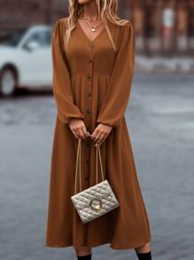SHEIN LUNE V領前紐扣燈籠袖連衣裙 - 棕色 - 查看 6