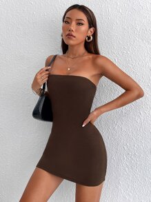 SHEIN PETITE Cut Out Back Tube Bodycon Dress - Coffee Brown - View 3