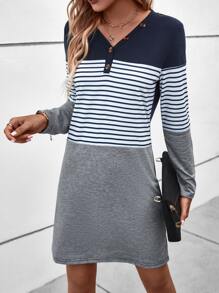 SHEIN LUNE Striped Color Block Tee Dress - Multicolor - View 3