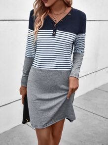 SHEIN LUNE Striped Color Block Tee Dress - Multicolor - View 4