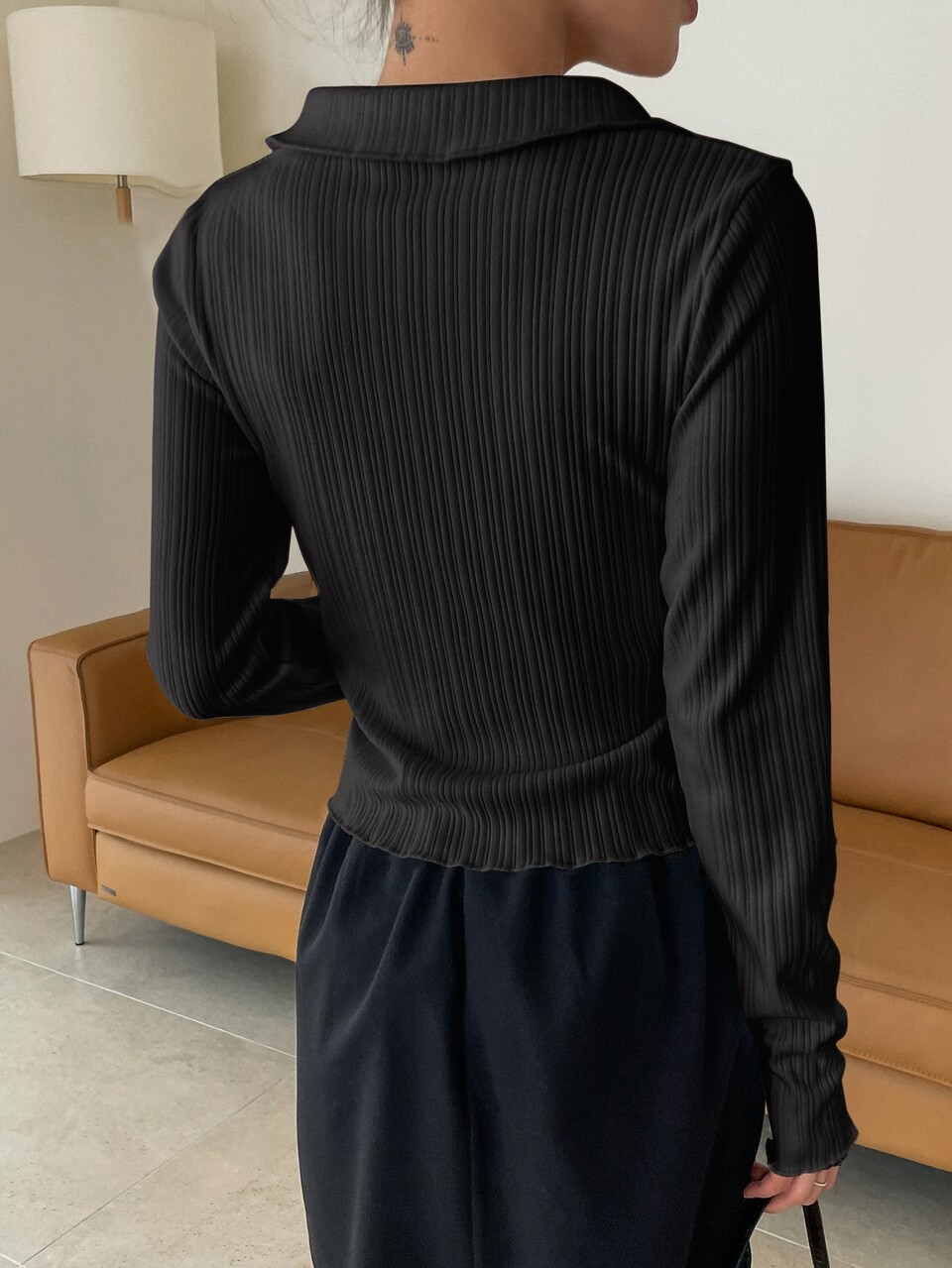 Button Print Placket Rib Knit Tee Long Sleeve