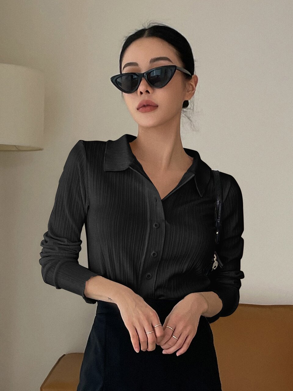 Button Print Placket Rib Knit Tee Long Sleeve