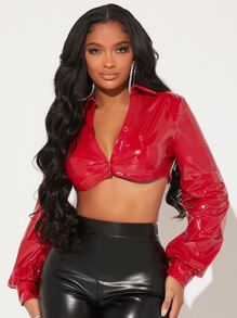 SHEIN SXY Chain Backless Crop PU Leather Jacket - Red - View 2