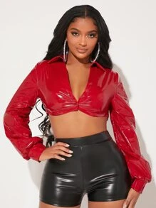 SHEIN SXY Chain Backless Crop PU Leather Jacket - Red - View 5