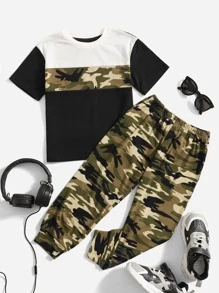 SHEIN Young Boy Camo Panel Top And Joggers Set
