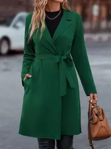 SHEIN LUNE 西裝領斜插口袋開門襟腰帶外套 - 綠色 - 查看 4