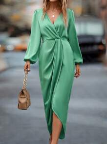 SHEIN Frenchy Đầm xoắn lại Trọn gói màu trơn Thanh lịch - màu xanh lá - Xem 6