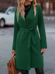 SHEIN LUNE 西裝領斜插口袋開門襟腰帶外套 - 綠色 - 查看 5