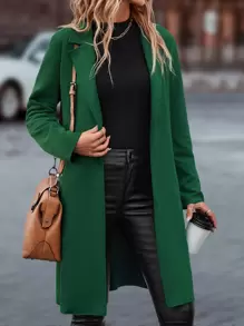 SHEIN LUNE 西裝領斜插口袋開門襟腰帶外套 - 綠色 - 查看 6