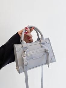 輕盈的商務休閒迷你拉鍊細節方形包適合少女、女性大學生、新手和白領工作者使用，非常適合辦公室、大學、工作、商務、通勤、戶外、旅遊和外出活動 - 灰色 - 查看 6