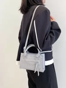 輕盈的商務休閒迷你拉鍊細節方形包適合少女、女性大學生、新手和白領工作者使用，非常適合辦公室、大學、工作、商務、通勤、戶外、旅遊和外出活動 - 灰色 - 查看 7