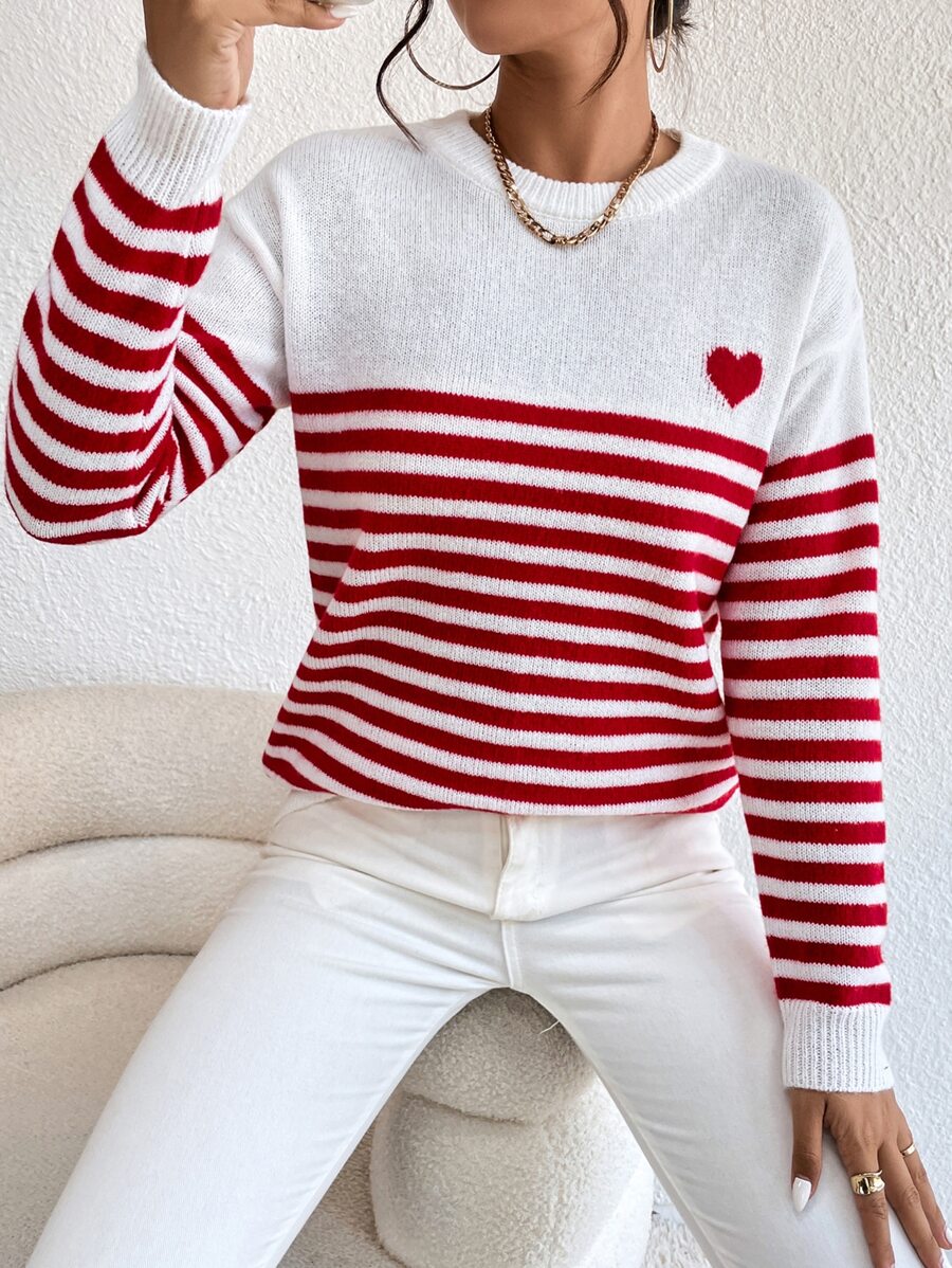 SHEIN LUNE Heart & Stripe Pattern Drop Shoulder Sweater,Long Sleeve Tops Knit Pullover Fall Winter - Red and White - View 1