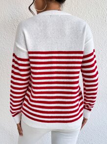 SHEIN LUNE Heart & Stripe Pattern Drop Shoulder Sweater,Long Sleeve Tops Knit Pullover Fall Winter - Red and White - View 2