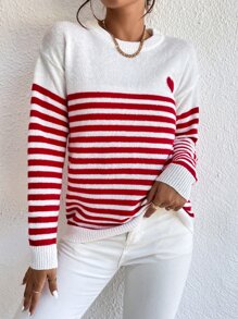 SHEIN LUNE Heart & Stripe Pattern Drop Shoulder Sweater,Long Sleeve Tops Knit Pullover Fall Winter - Red and White - View 3