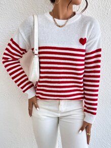 SHEIN LUNE Heart & Stripe Pattern Drop Shoulder Sweater,Long Sleeve Tops Knit Pullover Fall Winter - Red and White - View 4