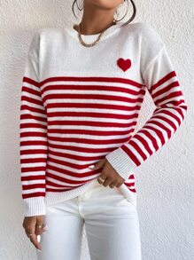 SHEIN LUNE Heart & Stripe Pattern Drop Shoulder Sweater,Long Sleeve Tops Knit Pullover Fall Winter - Red and White - View 5