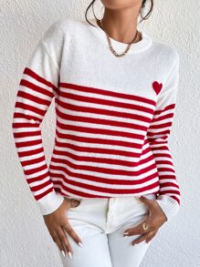 SHEIN LUNE Heart & Stripe Pattern Drop Shoulder Sweater,Long Sleeve Tops Knit Pullover Fall Winter - Red and White - View 6
