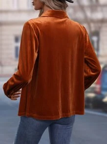 SHEIN LUNE 素色前紐扣絲絨襯衫 - 鏽棕色 - 查看 2