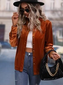 SHEIN LUNE 素色前紐扣絲絨襯衫 - 鏽棕色 - 查看 5