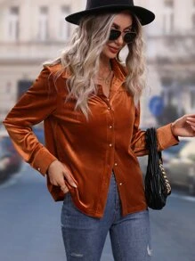 SHEIN LUNE 素色前紐扣絲絨襯衫 - 鏽棕色 - 查看 6