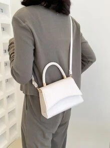 鱷魚壓紋編織細節翻蓋方包 - 白色 - 查看 2