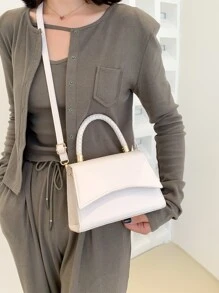 鱷魚壓紋編織細節翻蓋方包 - 白色 - 查看 4