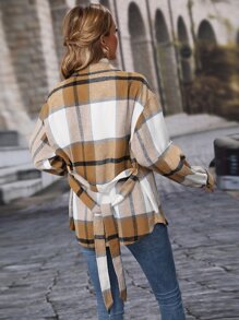 SHEIN LUNE Plaid Flap Pocket Drop Shoulder Belted Coat Fall Cloth For Women - Khaki - View 3