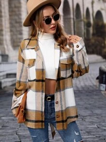 SHEIN LUNE Plaid Flap Pocket Drop Shoulder Belted Coat Fall Cloth For Women - Khaki - View 4