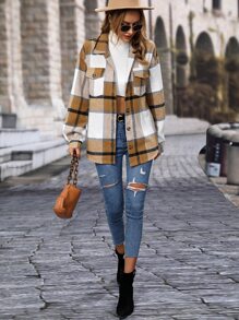 SHEIN LUNE Plaid Flap Pocket Drop Shoulder Belted Coat Fall Cloth For Women - Khaki - View 5