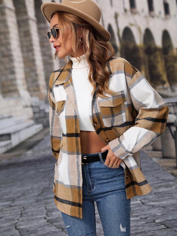 Plaid Flap Pocket Drop Shoulder Belted Coat Fall Cloth For Women