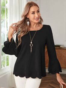 EMERY ROSE 素色荷葉袖貝殼邊T恤 - 黑色 - 查看 1