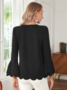 EMERY ROSE 素色荷葉袖貝殼邊T恤 - 黑色 - 查看 2