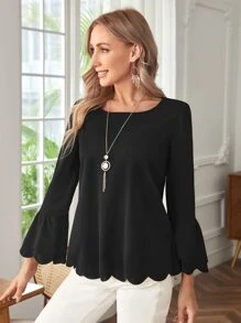 EMERY ROSE 素色荷葉袖貝殼邊T恤 - 黑色 - 查看 3