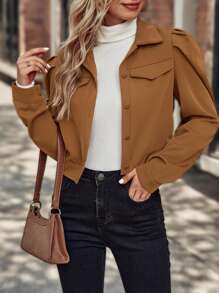 Puff Sleeve Flap Detail Crop Jacket - Brown - View 1