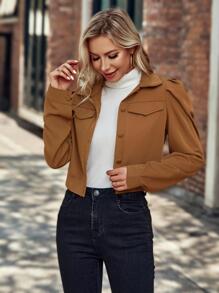 Puff Sleeve Flap Detail Crop Jacket - Brown - View 4