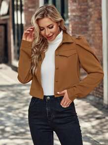 Puff Sleeve Flap Detail Crop Jacket - Brown - View 5