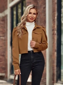 Puff Sleeve Flap Detail Crop Jacket - Brown - View 6