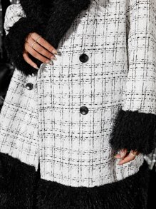 SHEIN Unity 格紋圖案拼接毛茸茸雙排釦粗花呢花呢外套 - 黑與白 - 查看 6